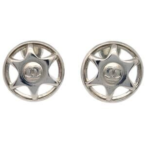 Chanel Silver Plated CC Round Earrings Silver